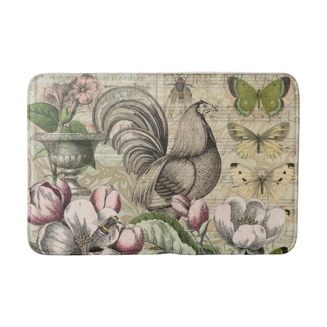 Rooster Garden Flower Butterfly Art Bath Mat (Front)