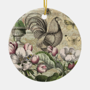 Rooster Garden Flower Butterfly Art Ceramic Ornament