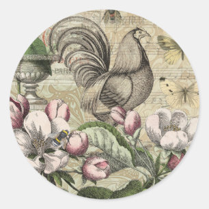 Rooster Garden Flower Butterfly Art Classic Round Sticker