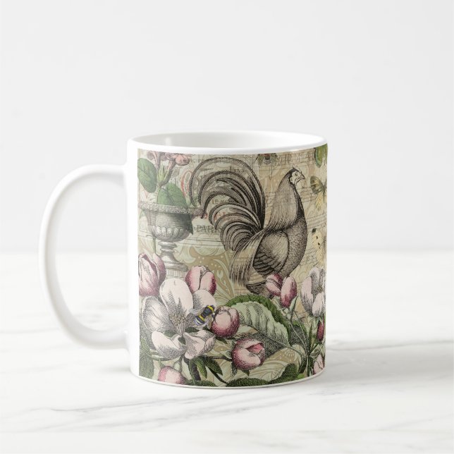 Rooster Garden Flower Butterfly Art Coffee Mug (Left)