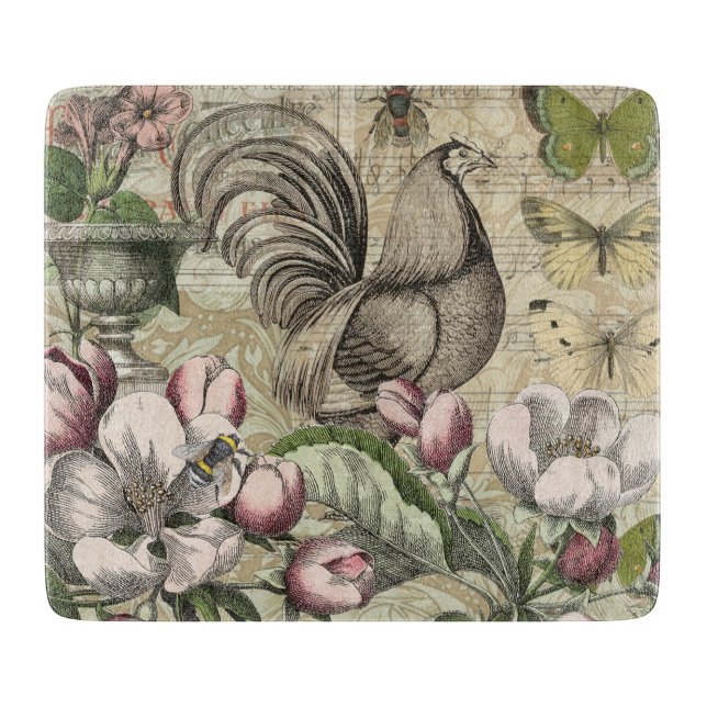 Rooster Garden Flower Butterfly Art Cutting Board (Front)