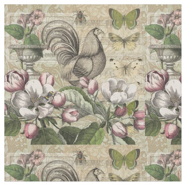 Rooster Garden Flower Butterfly Art Fabric (Close Up)