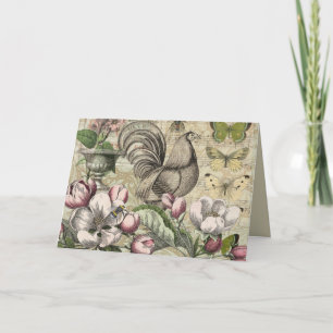 Rooster Garden Flower Butterfly Art Holiday Card