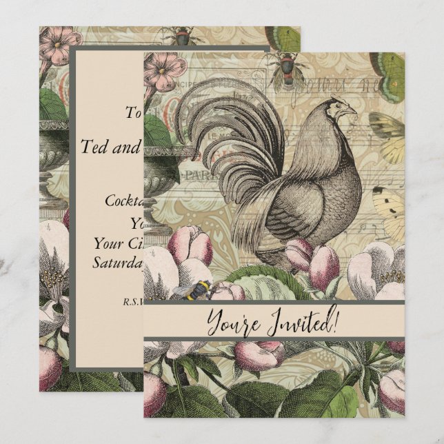 Rooster Garden Flower Butterfly Art Invitation (Front/Back)