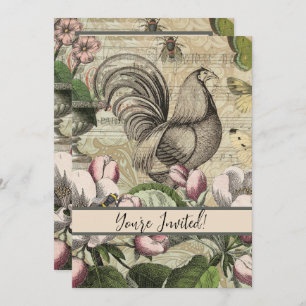 Rooster Garden Flower Butterfly Art Invitation