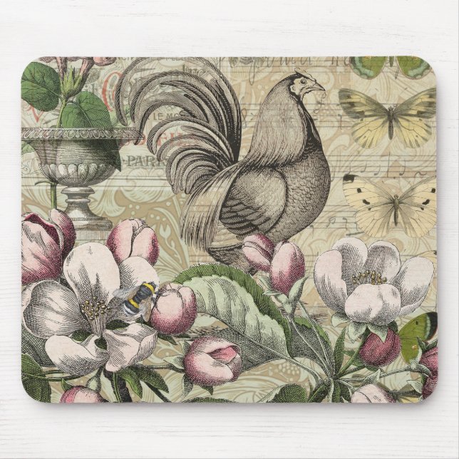 Rooster Garden Flower Butterfly Art Mouse Pad (Front)