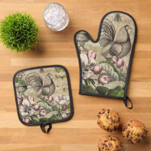 Rooster Garden Flower Butterfly Art Oven Mitt & Pot Holder Set