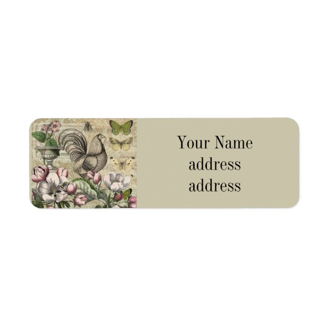 Rooster Garden Flower Butterfly Art Return Address Label (Front)