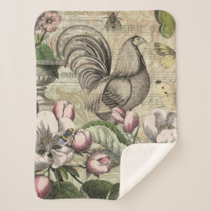 Rooster Garden Flower Butterfly Art Sherpa Blanket