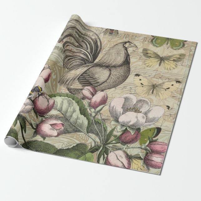 Rooster Garden Flower Butterfly Art Wrapping Paper (Unrolled)