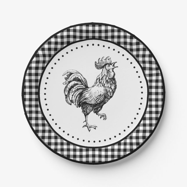Rooster Gingham Paper Plate (Front)