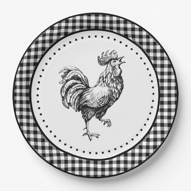 Rooster Gingham Paper Plate (Front)