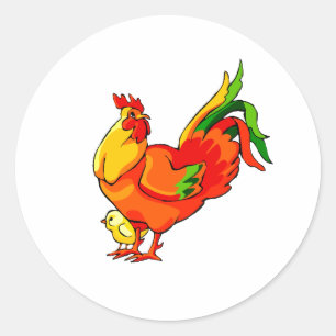 rooster green tail with baby chick.png classic round sticker