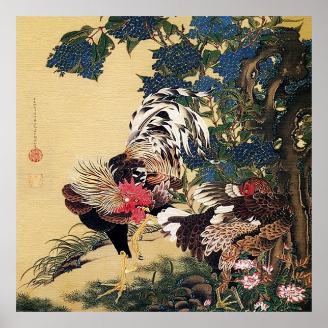 Rooster Hen and Hydrangea by Ito Jakuchu Poster (Front)