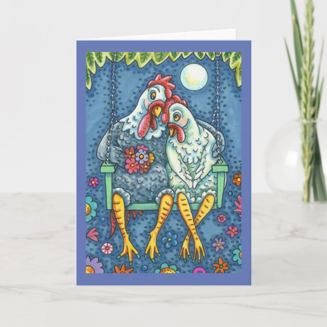 ROOSTER HEN CANOODLES, CUTE CHICKEN ROMANCE *Blank Card (Front)