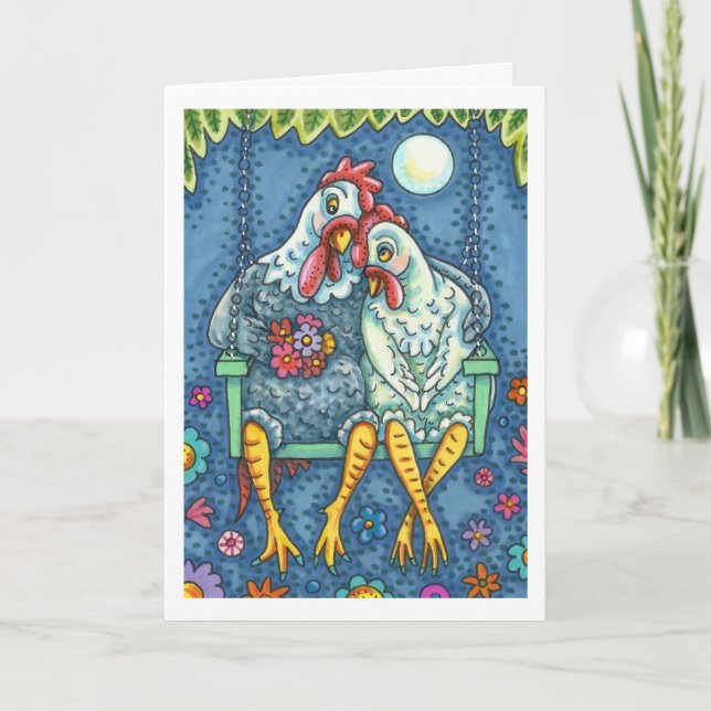 ROOSTER HEN CANOODLES, CUTE CHICKEN ROMANCE Verse Card (Front)