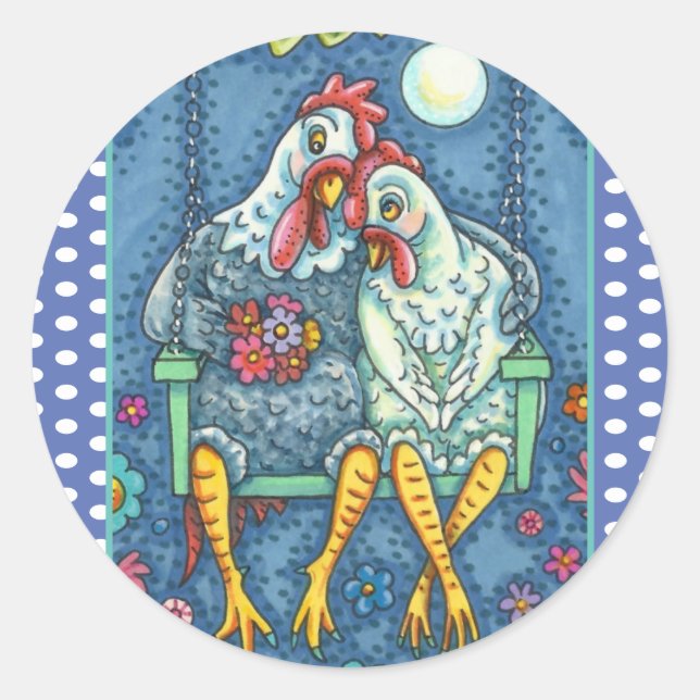 ROOSTER HEN CANOODLES, CUTE CHICKEN SWEETHEARTS CLASSIC ROUND STICKER (Front)