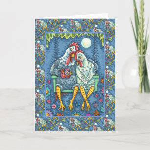ROOSTER HEN CANOODLES, CUTE CHICKEN SWEETHEARTS HOLIDAY CARD