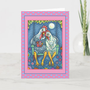 ROOSTER HEN CANOODLES, CUTE CHICKEN SWEETHEARTS  HOLIDAY CARD