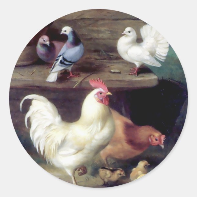 Rooster Hen Chicken Doves Classic Round Sticker (Front)