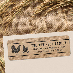 Rooster Hen Chicks Country Red Plaid Kraft Burlap Return Address Label