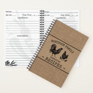 Rooster Hen Family Farmhouse Burlap Craft Recipe Notebook