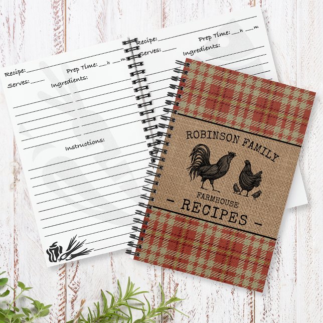 Rooster Hen Family Farmhouse Red Plaid Recipe Notebook (Several sizes and page designs to choose from)