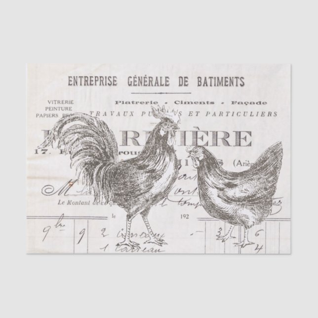 Rooster Hen French Script Ephemera Bird Decoupage Tissue Paper (Front)