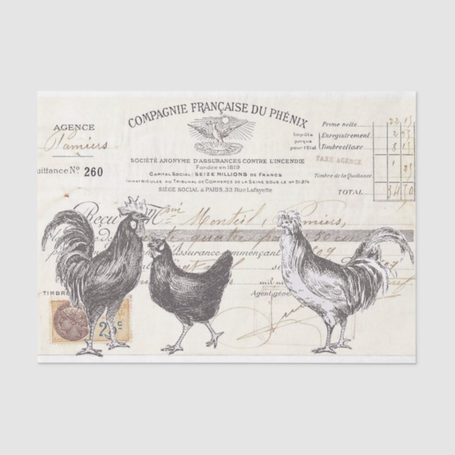Rooster Hen French Script Farmhouse Bird Decoupage Tissue Paper (Front)