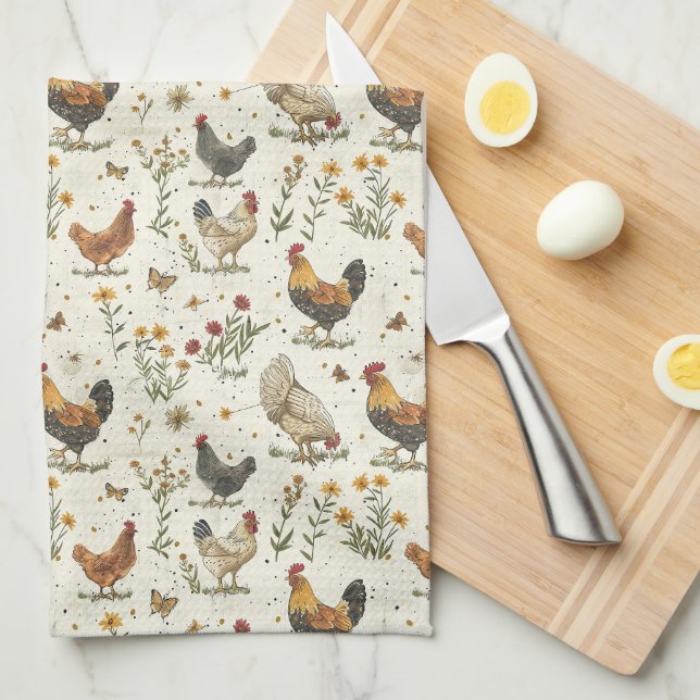 Rooster hens farmhouse beige retro tea towel (Quarter Fold)
