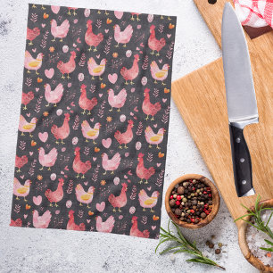 Rooster hens farmhouse black red pink tea towel