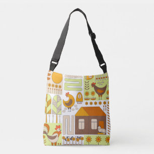 Rooster, hens, geometric floral drawing. crossbody bag