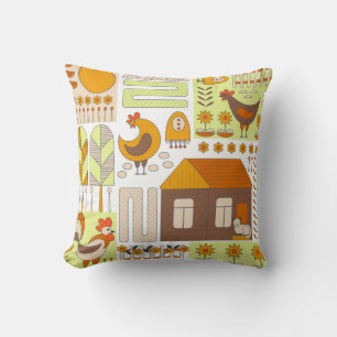 Rooster, hens, geometric floral drawing. cushion
