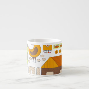 Rooster, hens, geometric floral drawing. espresso cup