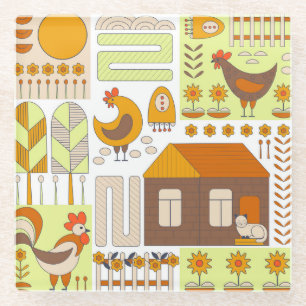 Rooster, hens, geometric floral drawing. glass coaster