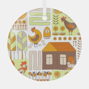 Rooster, hens, geometric floral drawing. glass tree decoration