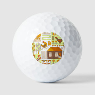 Rooster, hens, geometric floral drawing. golf balls