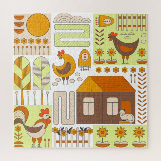Rooster, hens, geometric floral drawing. jigsaw puzzle (Vertical)