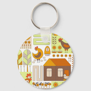 Rooster, hens, geometric floral drawing. key ring
