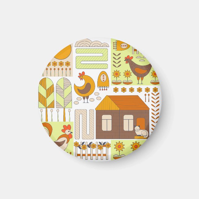 Rooster, hens, geometric floral drawing. magnet (Front)