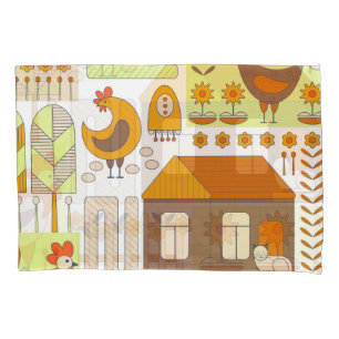 Rooster, hens, geometric floral drawing. pillowcase