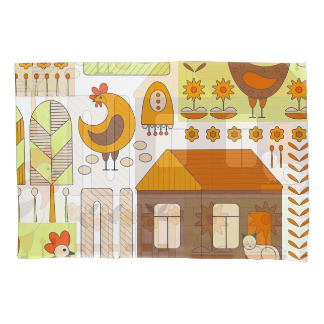 Rooster, hens, geometric floral drawing. pillowcase (Front)
