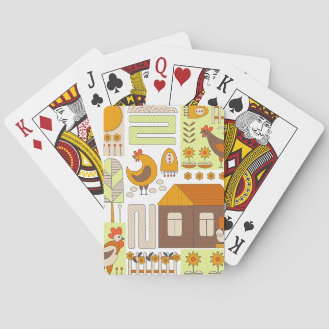 Rooster, hens, geometric floral drawing. playing cards (Back)