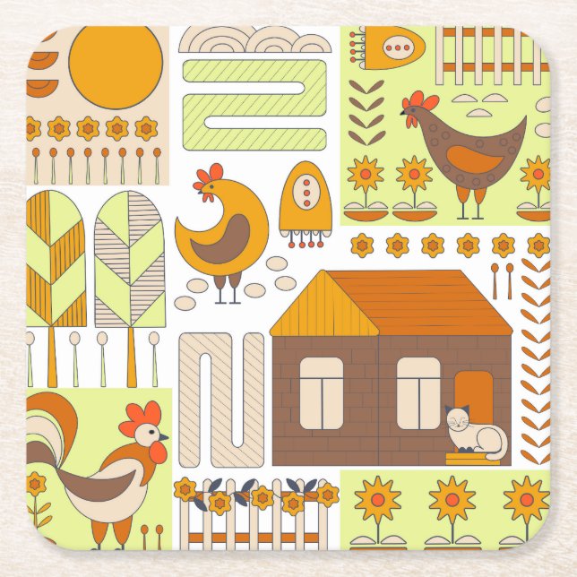 Rooster, hens, geometric floral drawing. square paper coaster (Front)