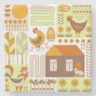 Rooster, hens, geometric floral drawing. stone coaster