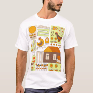 Rooster, hens, geometric floral drawing. T-Shirt