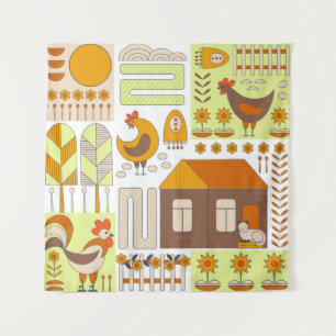 Rooster, hens, geometric floral drawing. tapestry