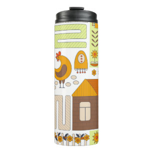 Rooster, hens, geometric floral drawing. thermal tumbler
