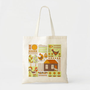 Rooster, hens, geometric floral drawing. tote bag