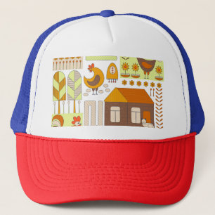 Rooster, hens, geometric floral drawing. trucker hat